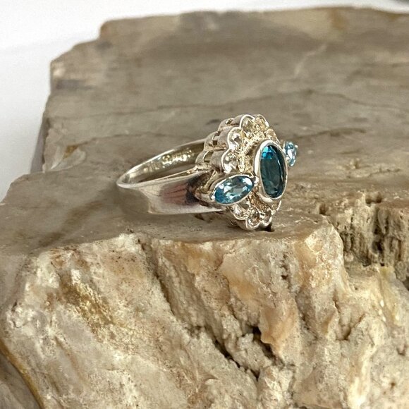 Sterling Silver 925 Blue White Topaz Multi Gemstone Stone Floral Ring Sz 6.75 - Picture 12 of 16